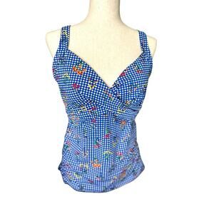 Lands' End Blue Gingham Floral Swim Top Underwire Tankini 14 D Cottagecore Sweet